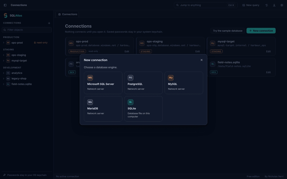 The New connection dialog offering Microsoft SQL Server, PostgreSQL, MySQL, MariaDB and SQLite.