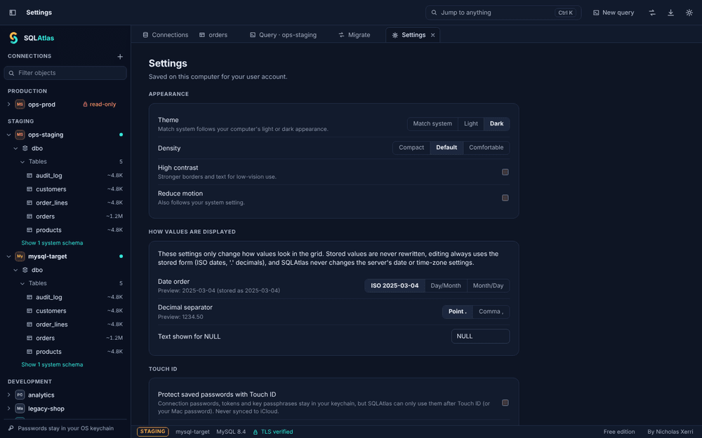 SQLAtlas Settings: how values are displayed, with date order and decimal separator options and a note that stored values are never rewritten; below it, the optional Touch ID setting.